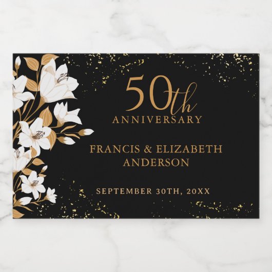 Bloemen Zwart Goud 50ste bruiloft Jubileum Sparkling Wijnetiket (Enkel label)