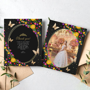 Bloemen zwart gouden vlinder quinceañera foto