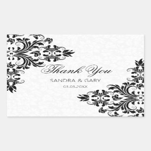 Bloemen zwart kant en witte damast rechthoekige sticker