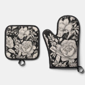 Bloemen Zwart-wit Classic Ovenwant & Pannenlap Set (Voorkant)