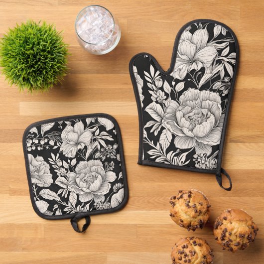 Bloemen Zwart-wit Classic Ovenwant & Pannenlap Set (Top down)