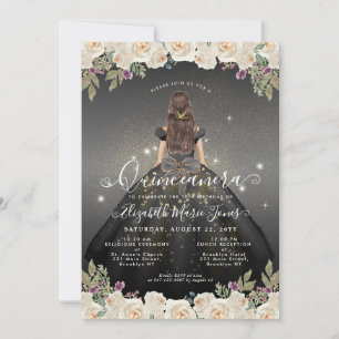 Bloemen Zwart Wit Goud Glam Prinses Quinceanera Kaart
