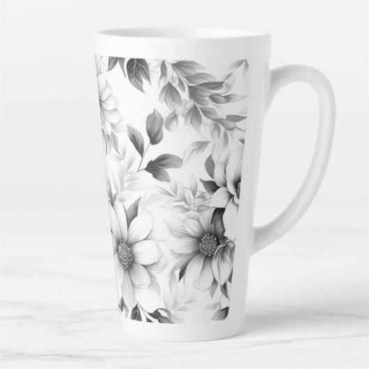 Bloemen zwart-wit patroon esthetische latte Mok (Rechts)