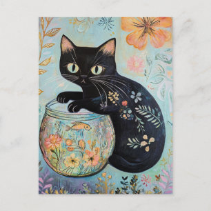 Bloemen zwarte kat met goudvis briefkaart