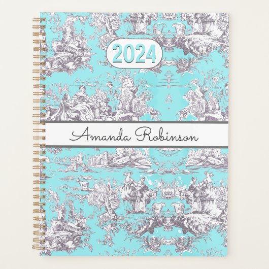  bloemenaqua blue toile de jouy monogram planner (Voorkant)