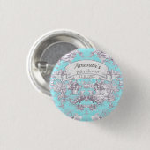 bloemenaqua blue toile de jouy monogram ronde button 3,2 cm (Voorkant /achterkant)