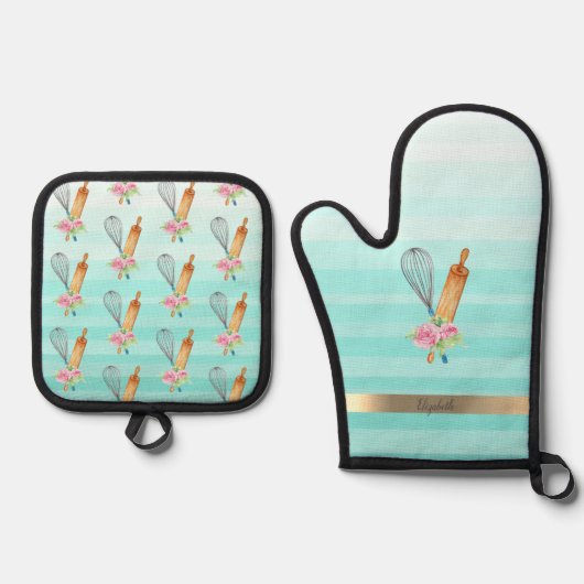 Bloemenbakkerij Gereedschap Mint Groene Strepen Ovenwant & Pannenlap Set (Voorkant)