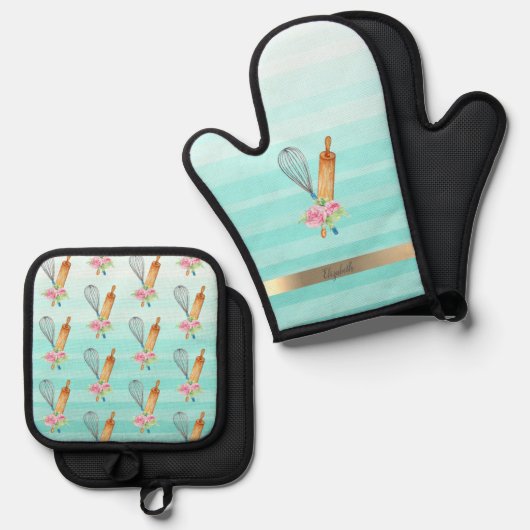 Bloemenbakkerij Gereedschap Mint Groene Strepen Ovenwant & Pannenlap Set (Voorkant / Achterkant)