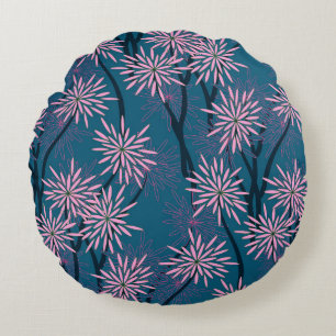 Bloemenbehang: Aziatisch marineblauw, roze. Rond Kussen