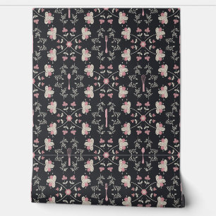Bloemenbestek Roze Crème Houtskool Lepel Wallpaper Behang