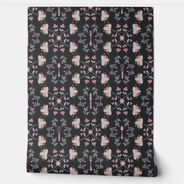 Bloemenbestek Roze Crème Houtskool Lepel Wallpaper Behang (Afrollen)