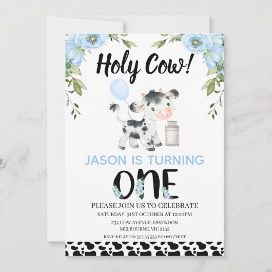 Bloemenblauw Jongens Koe Print Heilige Koe 1e Verj Kaart (Voorkant)