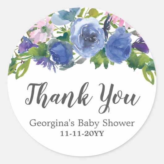 Bloemenblauw Paarse roze dank u Baby shower Ronde Sticker (Voorkant)