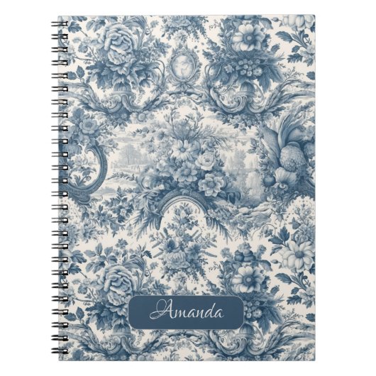 bloemenblauw toile de jouy monogram notitieboek (Voorkant)