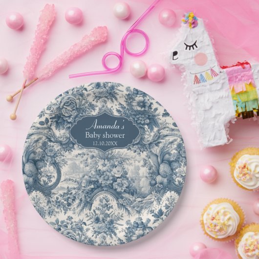 bloemenblauw toile de jouy monogram papieren bordje (Feest)