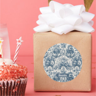  bloemenblauw toile de jouy monogram ronde sticker