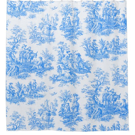  bloemenblauwe turquoise toile jouy douchegordijn (Voorkant)