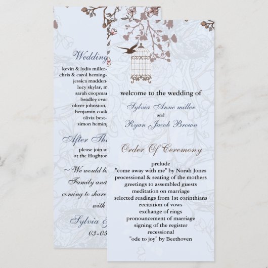 Bloemenblauwe vogelkooi, liefde vogels trouwprogra programma (Voorkant / Achterkant)