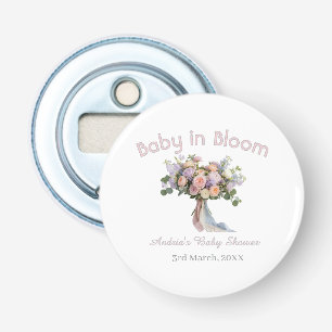 bloemenboeket baby shower retro roze button flesopener