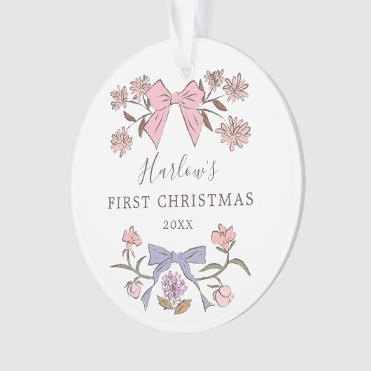 Bloemenbogen roze en Paarse baby's eerste kerst Ornament (voorkant)