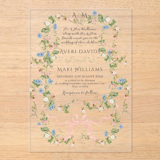 Bloemenboog tuin rustieke elegante foto bruiloft acryl uitnodigingen (Voorkant)