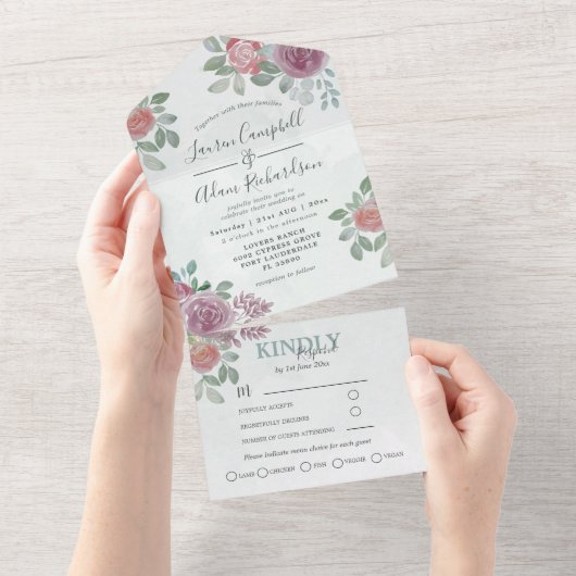 bloemenbruiloft Waterverf Bourgondië & Burnt Sinaa All In One Uitnodiging (Afscheurbaar)