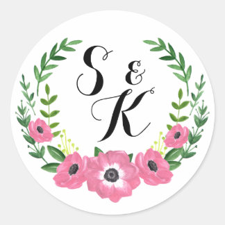 Bloemencirkel monogram sticker bruiloft gunsten
