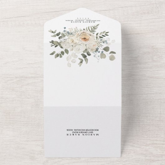Bloemencrème off witte Rozen groen bruiloft All In One Uitnodiging (Buitenkant)