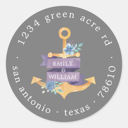 bloemend anker gouden monogram retouradres ronde sticker (Voorkant)