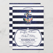 Bloemend anker op gestreepte trouw kaart (Voorkant / Achterkant)