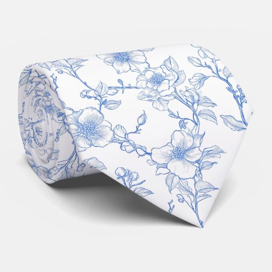 Bloemend blauw toile stropdas (Opgerold)