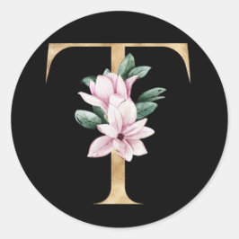 Bloemend magnolia monogram in gouden letter T Ronde Sticker