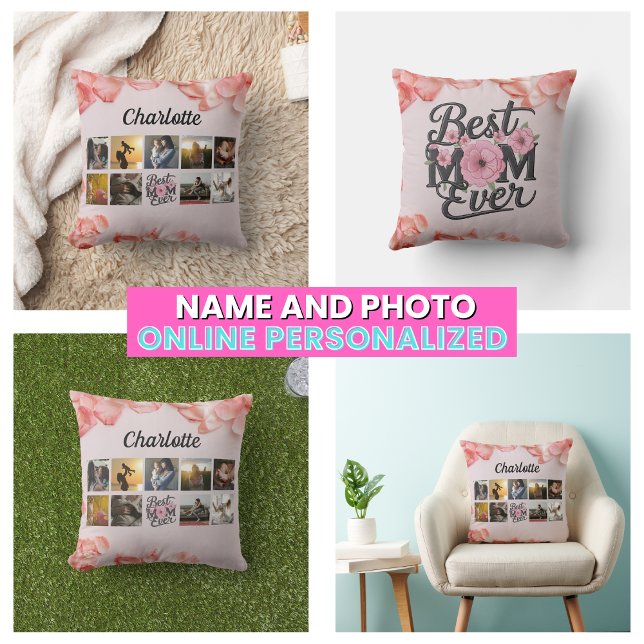 Bloemend Moeder-van-alle-tijden-script moeders fot Kussen (Floral Best Mom Ever Script Mother's Photo Collage Throw Pillow)