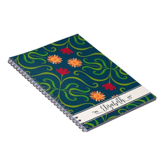 Bloemendamask Zonnebloem Boho Marineblauw Volkskun Notitieboek (Rechterzijde)