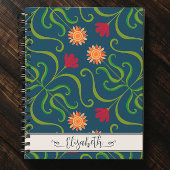 Bloemendamask Zonnebloem Boho Marineblauw Volkskun Notitieboek