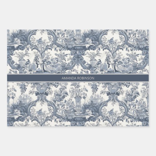  bloemendamast Blauw toile de jouy monogram Inpakpapier Vel (Voorkant 3)