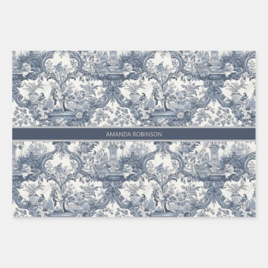  bloemendamast Blauw toile de jouy monogram Inpakpapier Vel (Voorkant 2)