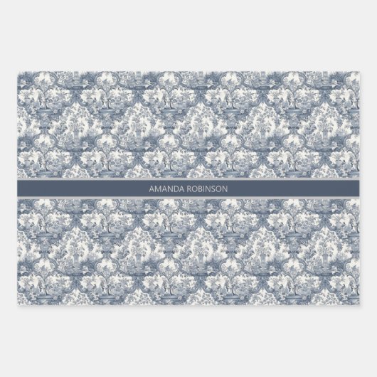  bloemendamast Blauw toile de jouy monogram Inpakpapier Vel (Voorkant)