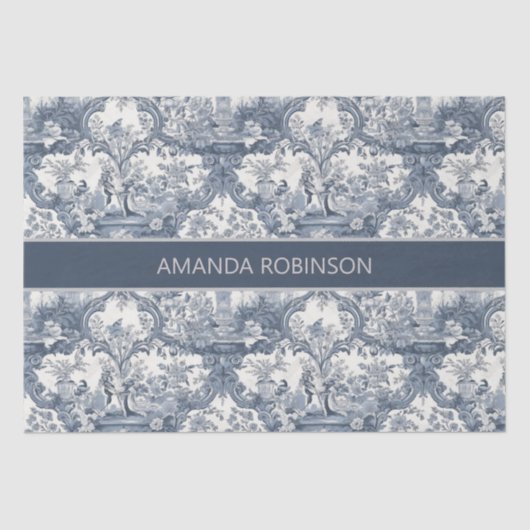 bloemendamast Blauw toile de jouy monogram Tissuepapier (Voorkant)