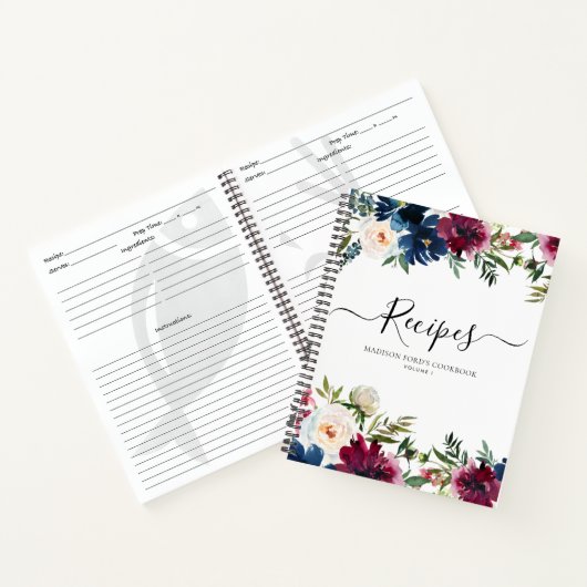 Bloemendesign in marineblauw en bordeauxrood water notitieboek (Binnen)