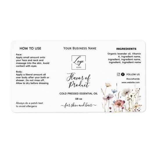 Bloemendesign Logo Etherische Olie Fles Label (Voorkant)