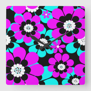 Bloemendessin neon paarse en turquoise bloemen vierkante klok