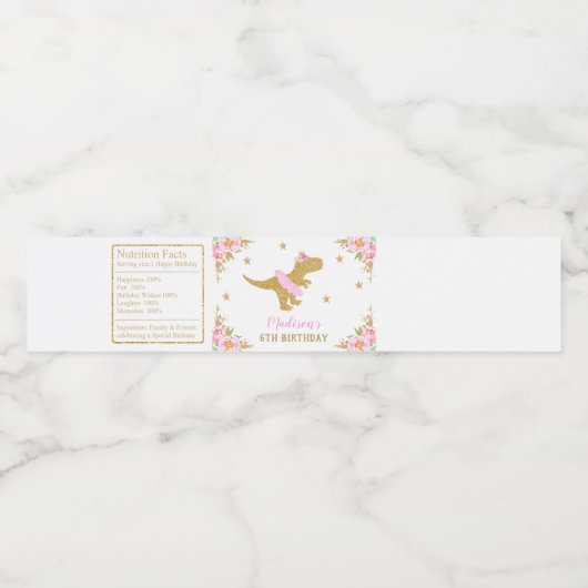 Bloemendinosaurus verjaardagsfeestje Roze Tutu T-R Waterfles Etiket (Enkel label)