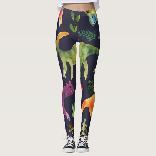 Bloemendinosaurussen: Waterverf stoffen ontwerp Leggings (Voorkant)