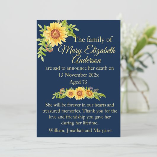 Bloemendood en begrafenisaankondiging blauw aankondiging (Staand voorkant)