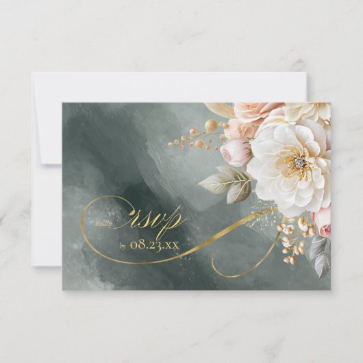 Bloemendrama Bruiloft QR Code Groene ID1022 RSVP Kaartje (Voorkant)