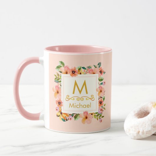 Bloemendrieletter I Aangepaste naam & gouden initi Mok (Met donut)