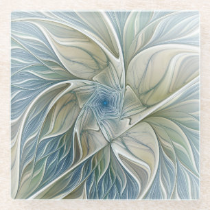 Bloemendroompatroon Abstract Blauw Khaki Fractal Glazen Onderzetter