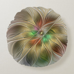 Bloemenfantasie met goudmodern Abstract fractal Rond Kussen