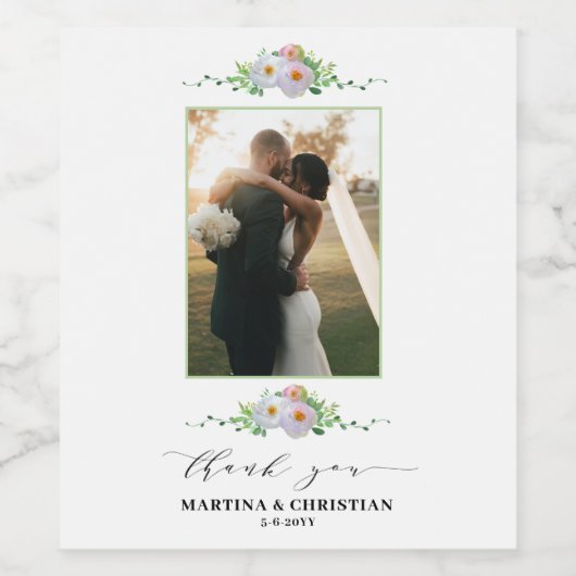 Bloemenfoto Dank u bruiloft Wijn Etiket (Enkel label)